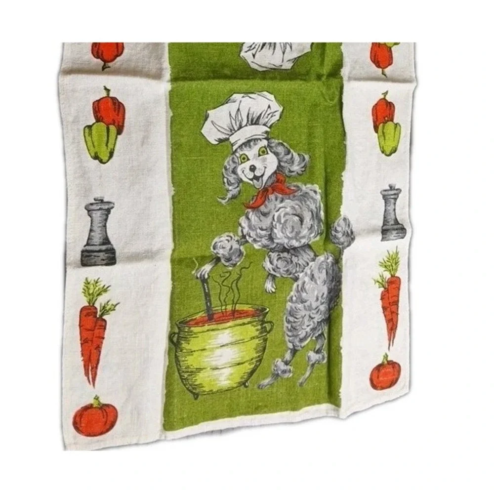 Vintage Printed‎ linen Towel Green & POODLE Dog Cooking Made Poland #457C